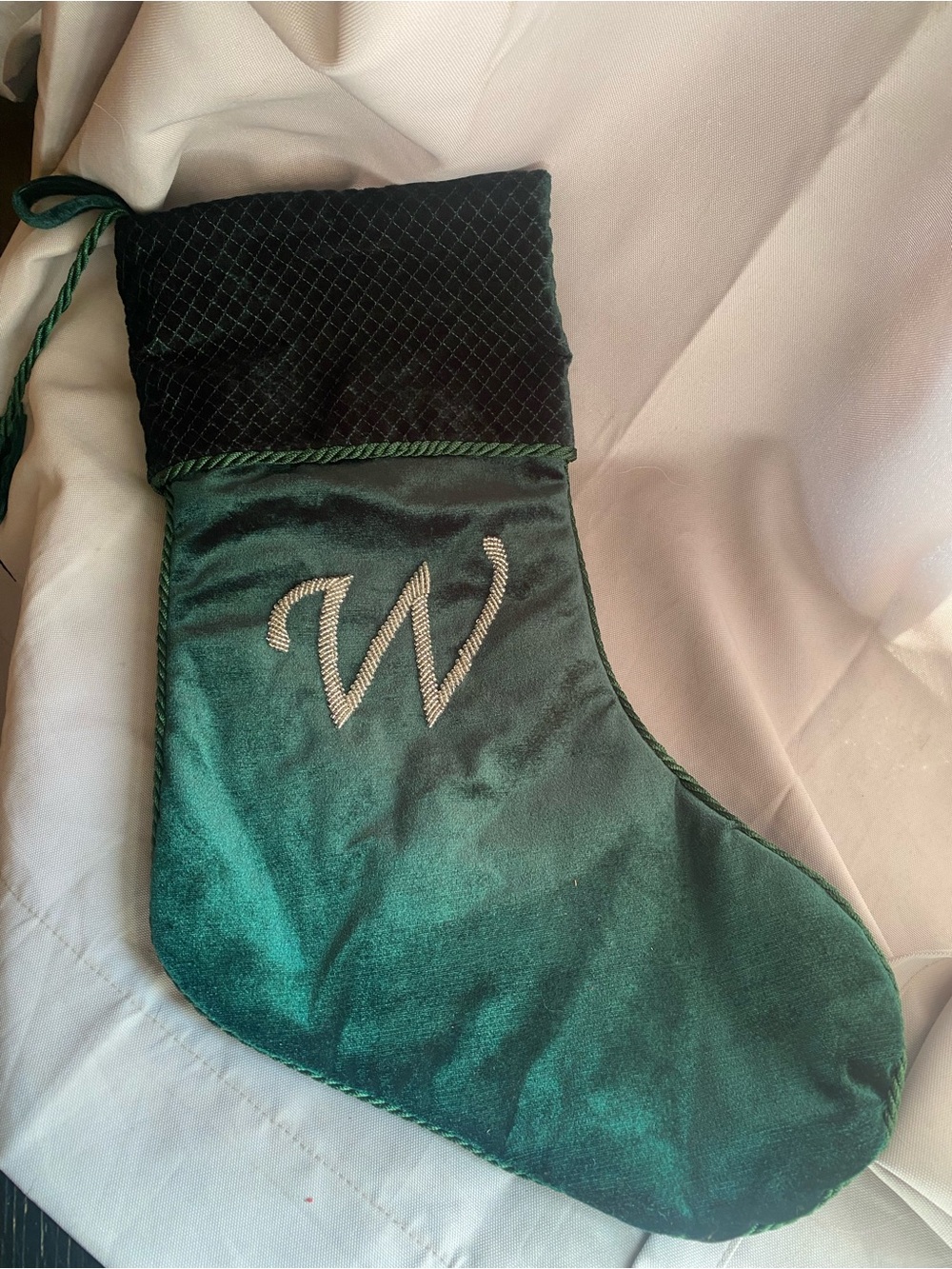 Personalized Velvet Holiday Stocking with 'W' Initial - Dark Green